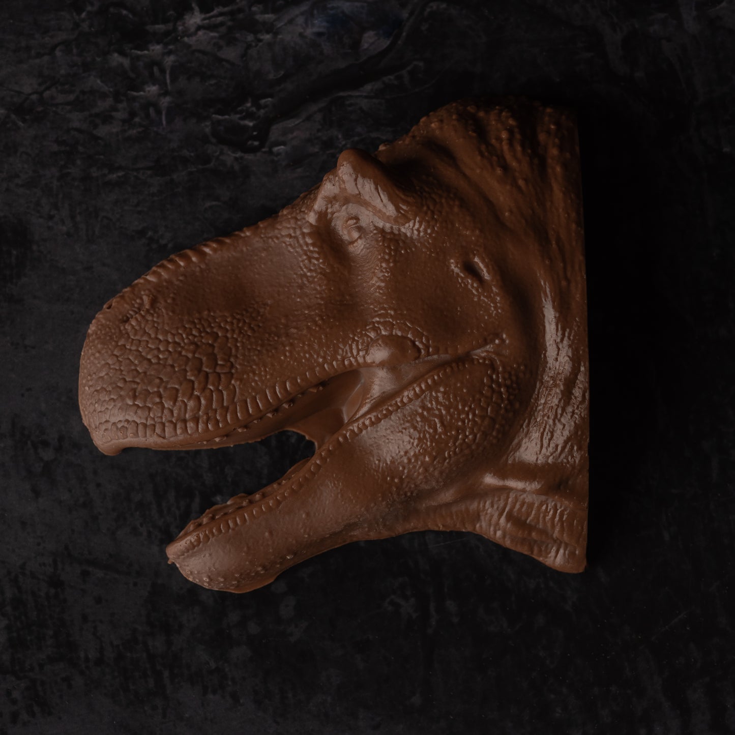 A T-rex head made out of chocolate.