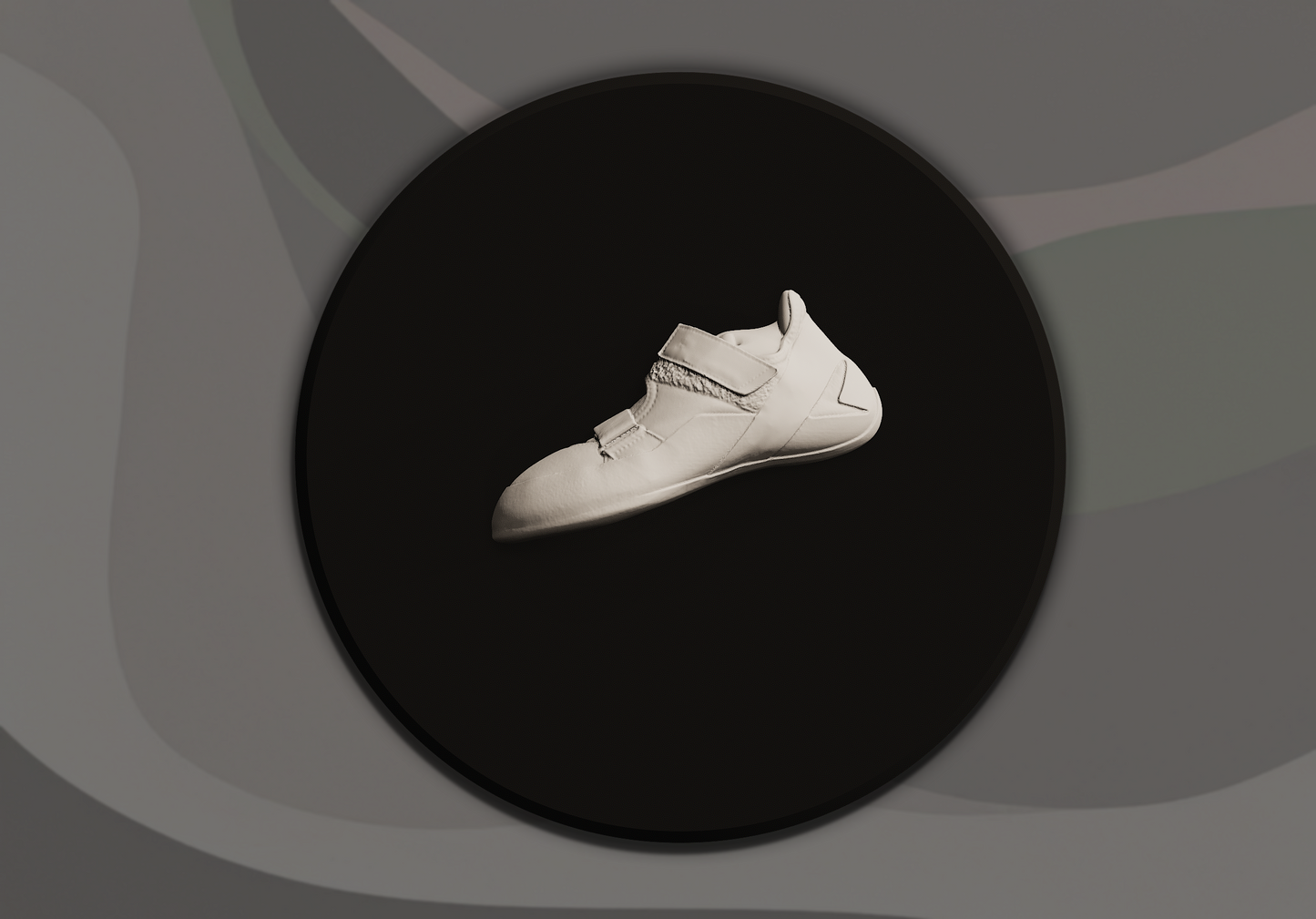 White climbing shoe on a black circular platform with a grey background
