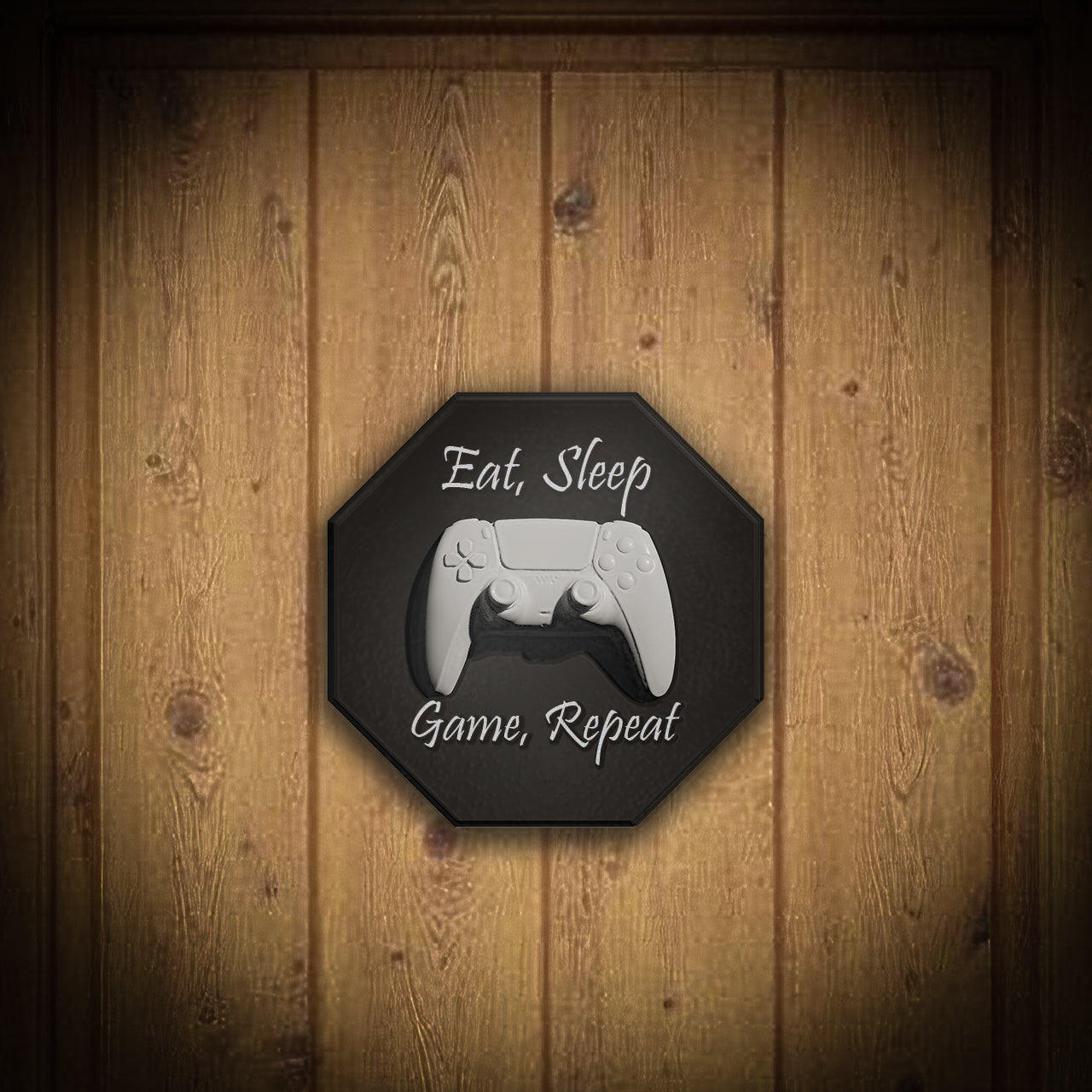 Decorative sign with a gaming controller and text 'Eat, Sleep, Game, Repeat' on a wooden background