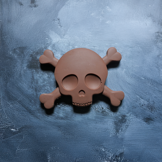 Skull and crossbones design on a textured blue background