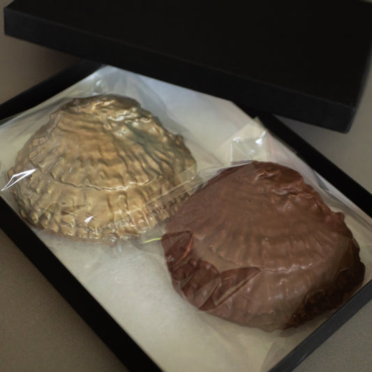 Two chocolate shells, one gold and one brown, in a black box on a gray surface.