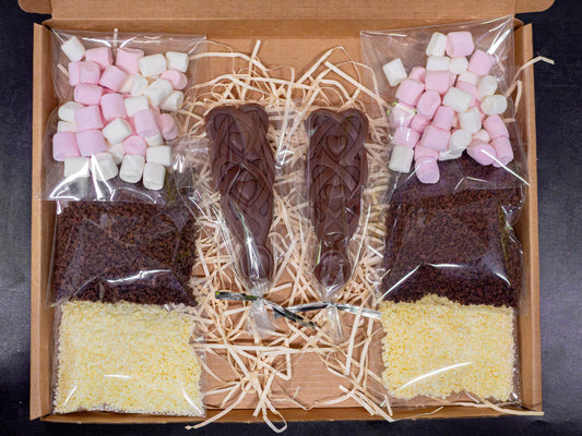 Belgian Hot Chocolate Gift Set with Welsh Lovespoons - Celtic Valentine's Day Present for Chocolate Lovers