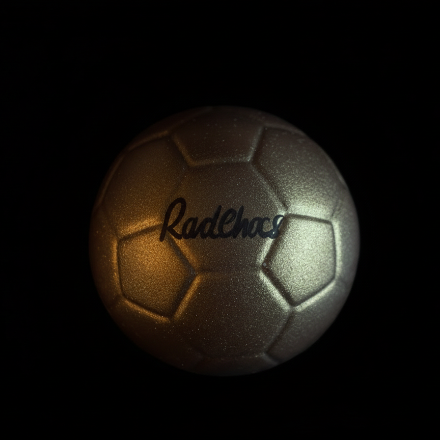 Metallic soccer ball with 'RadChaos' branding on a black background