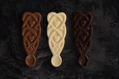Belgian Hot Chocolate Gift Set with Welsh Lovespoons - Celtic Valentine's Day Present for Chocolate Lovers