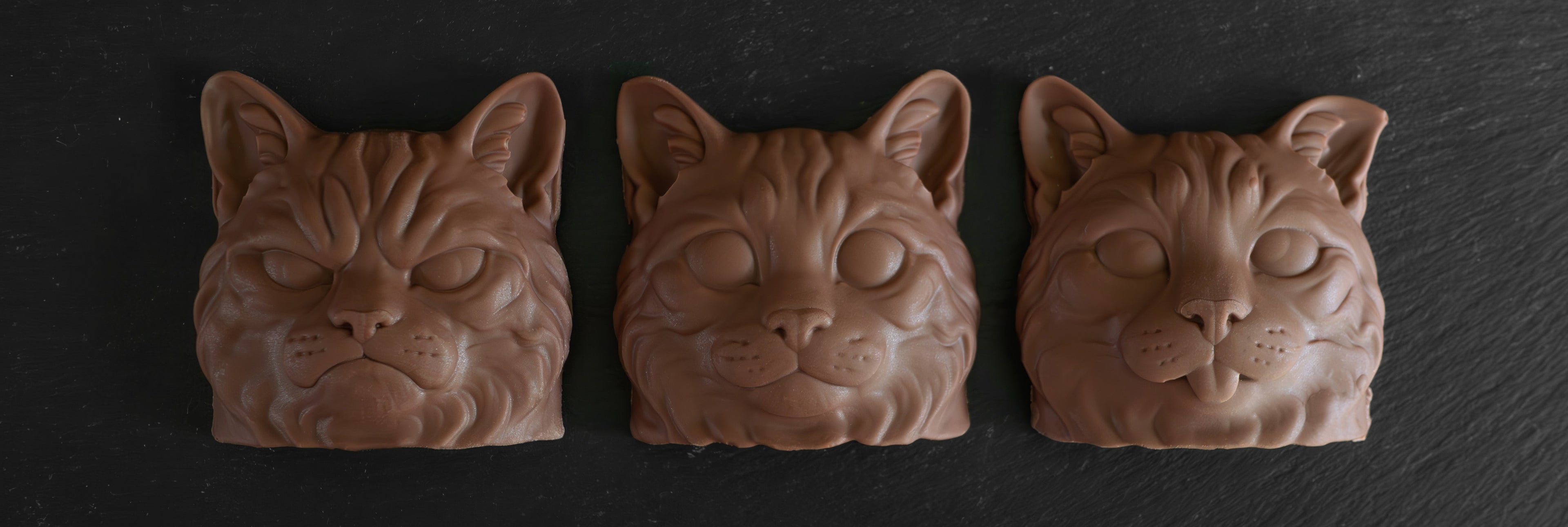 Three brown cat-shaped chocolates arranged side by side on a dark slate background.